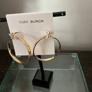 Tory Burch New on Card Gold Hoop Earrings Logo Detail
